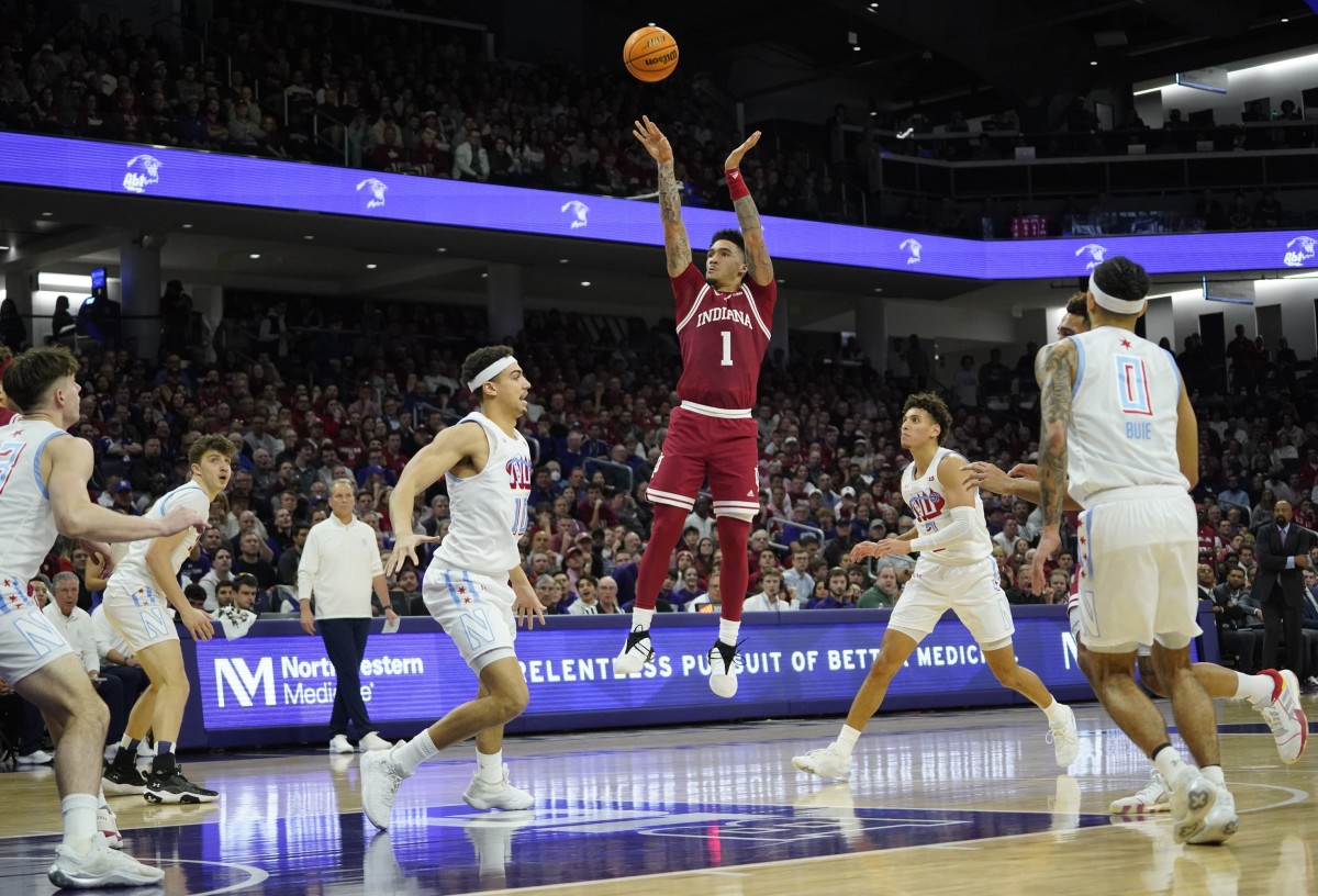 Indiana Hoosiers guard Jalen Hood-Schifino (1) shoots the ball against the Northwestern Wildcats during the first half at Welsh-Ryan Arena. 